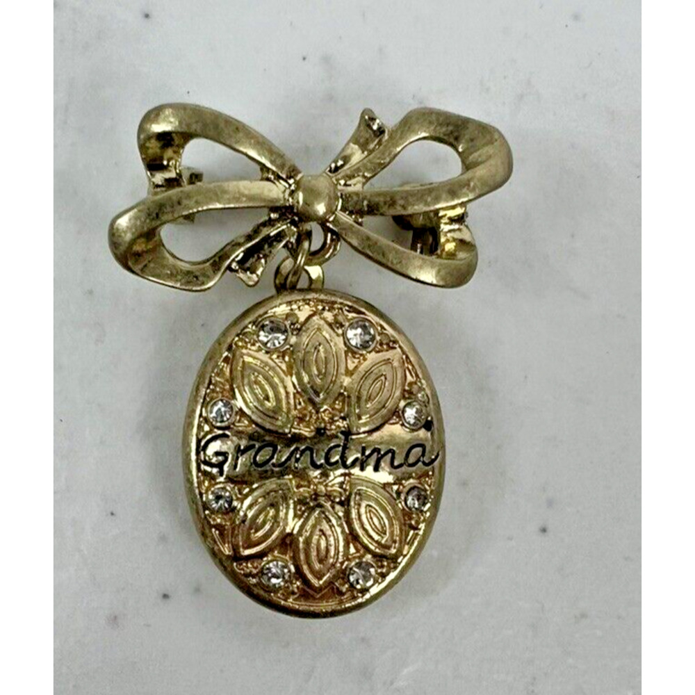 Vintage FAF Pale Gold Tone & Crystal Bow‎ & Grandma Picture Locket Brooch